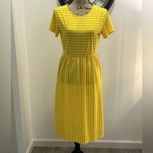 Tickled teal bright yellow & white striped shirt sleeve dress.